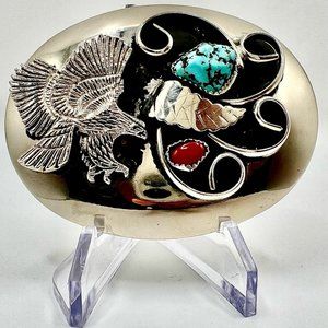 Vintage Handmade Navajo Belt Buckle Buffalo Nic Silver Turquoise Eagle Men Women